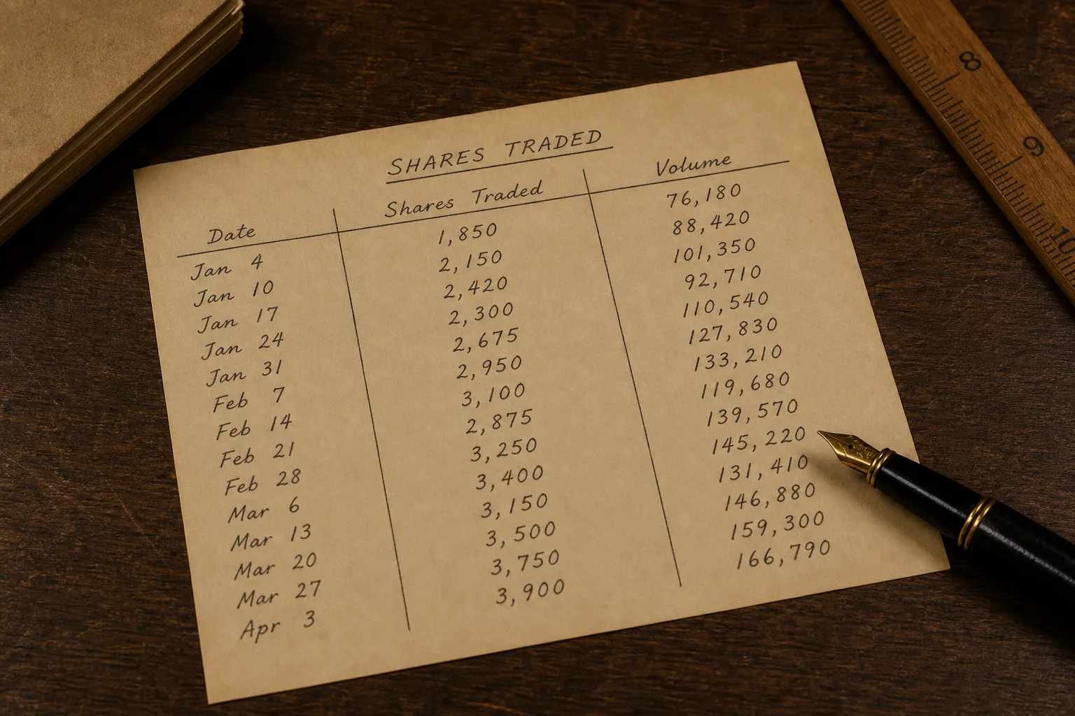 Handwritten shares-traded tally with a volume column