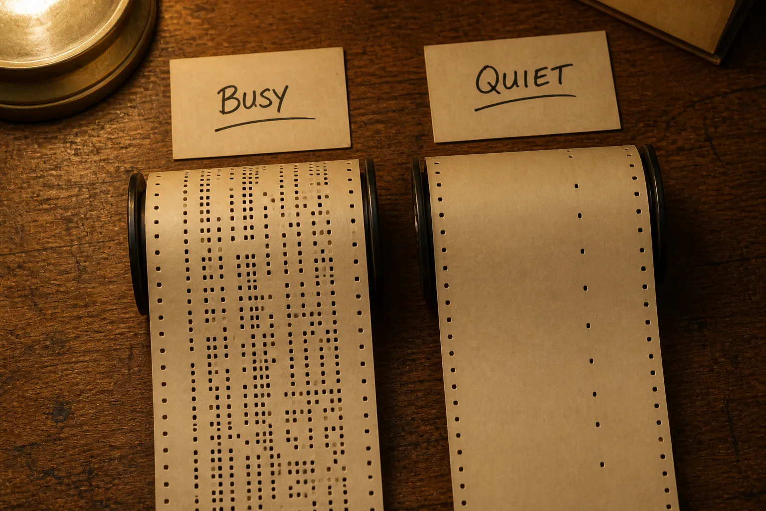 Busy ticker tape beside a quiet tape with cards reading BUSY and QUIET