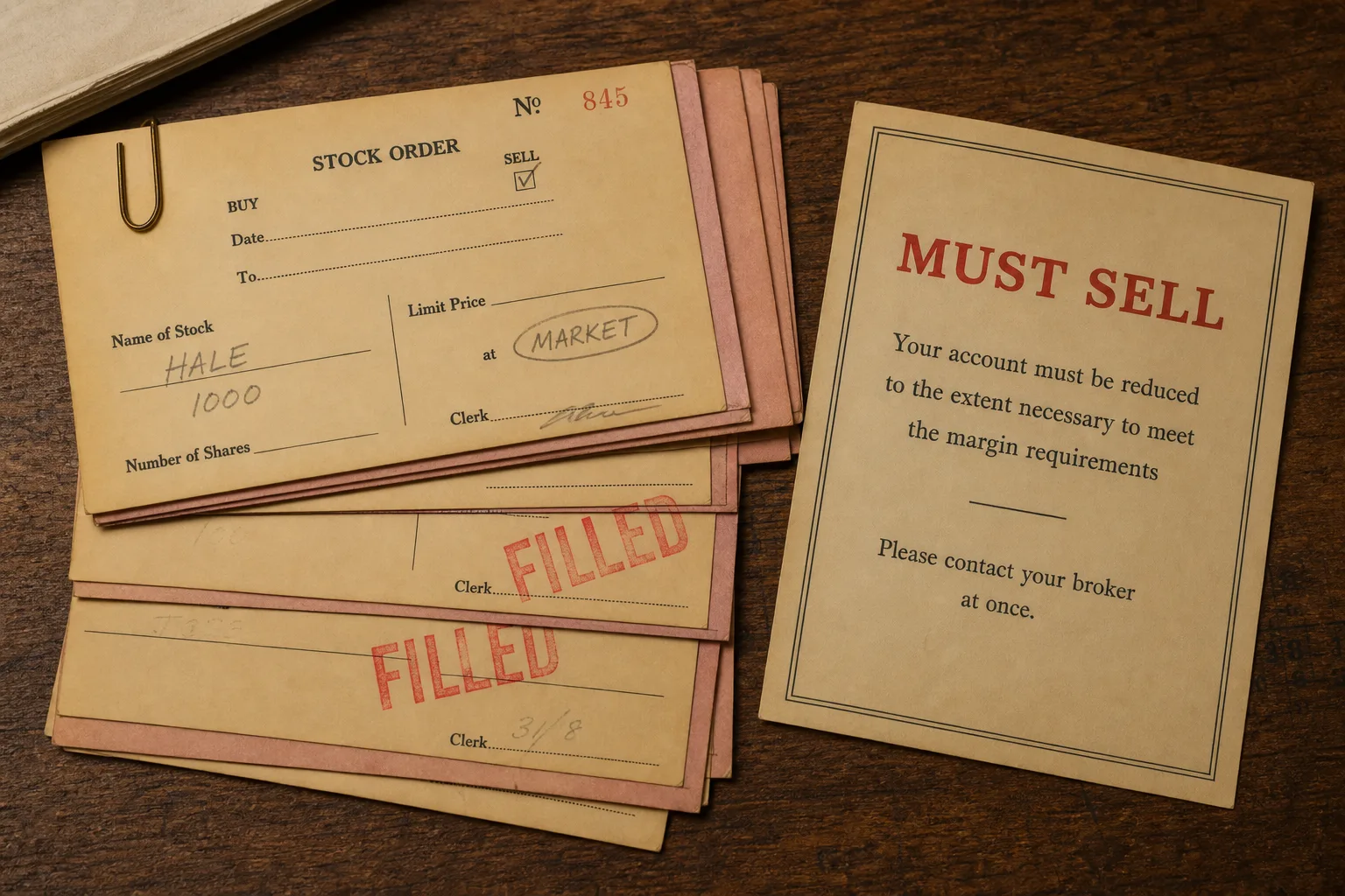 Stack of sell tickets next to a MUST SELL notice
