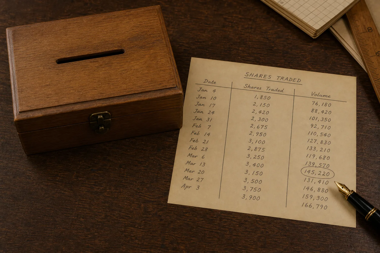 Closed unused ballot box beside a circled volume tally